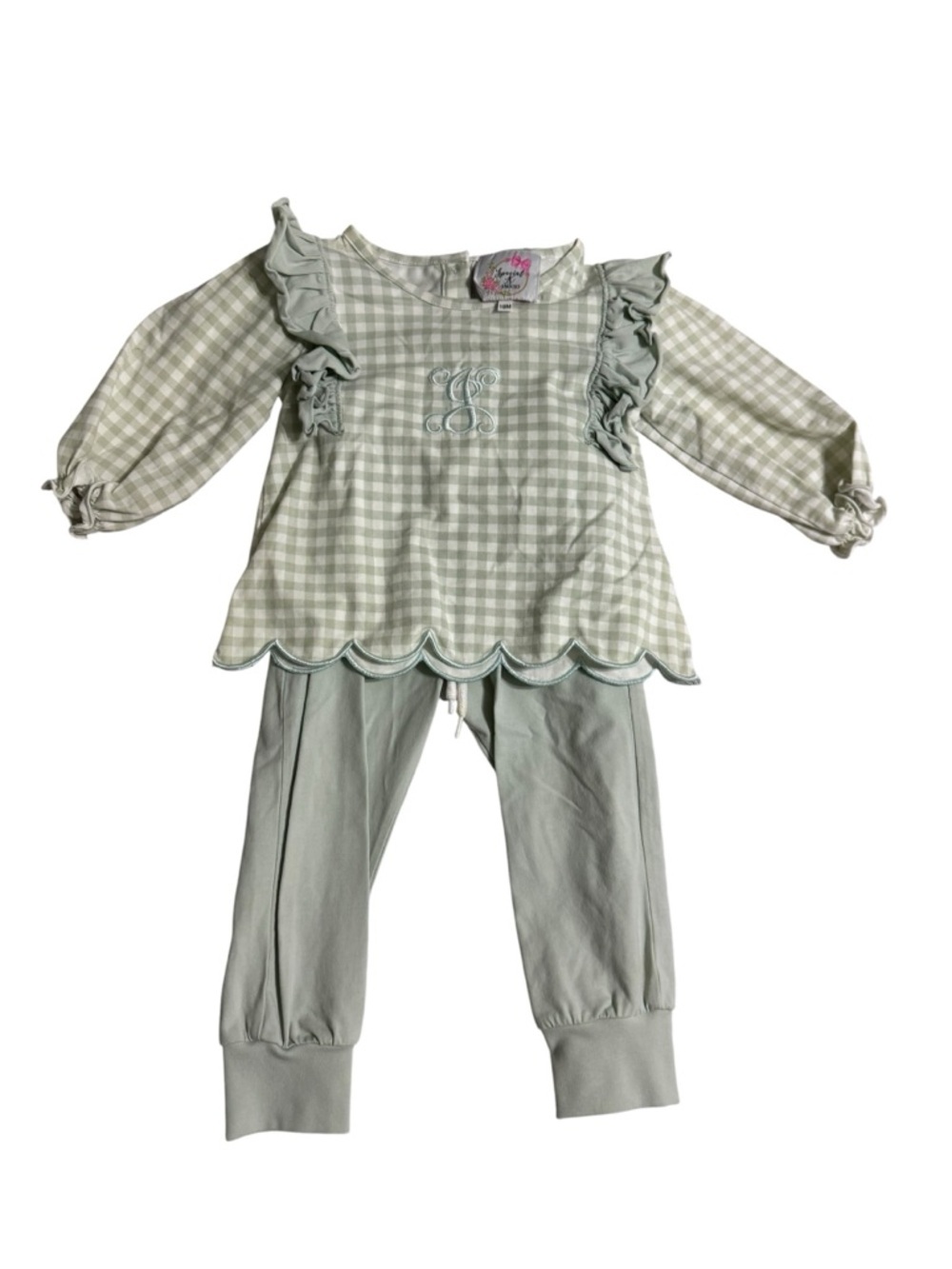 Monogrammed Sage Green Gingham Kids monogrammed with J Set with Ruffle Details